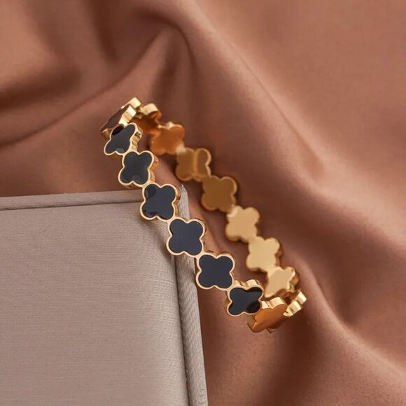 18k Gold Plated Stainless Steel Luxury Clover Bangle, Gold and Black - Picture 1 of 9